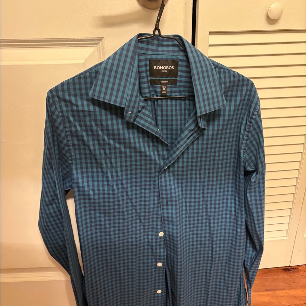 Bonobos teal blue Plaid Men's weekday warrior size 15.5/32 tailored fit